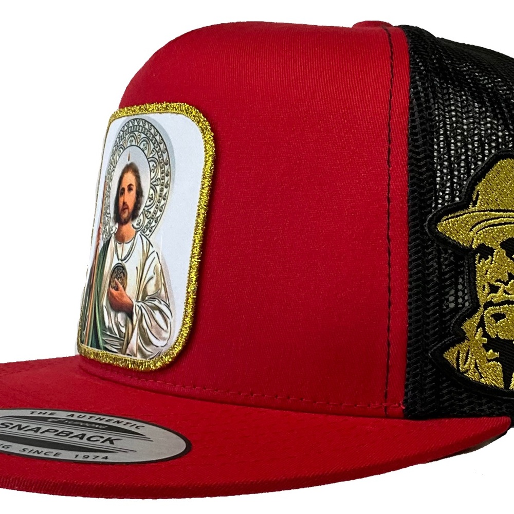 San judas Tadeo con el chapo al lado hat red black mesh SnapBack adjustable